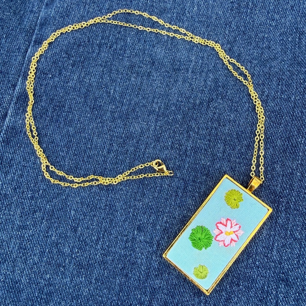 Hand-embroidered Floral Water Lily and Lily Pad Gold Necklace